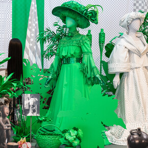 Stephanie Syjuco, detail of “Dodge and Burn (Visible Storage)” from “Stephanie Syjuco: Rogue States” at the Contemporary Art Museum in St. Louis, MO, 2019. Wooden platform, digital photos and printed vinyl on lasercut wood, chromakey fabric, printed backdrops, seamless paper, artificial plants, mixed media. Overall installation: 240 x 204 x 96 inches. Edition of 3 + 2AP. Courtesy of the artist and Catharine Clark Gallery, San Francisco