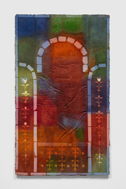 Aryana Minai, Darvaze Noor I / Gateway of Light I, 2023. Dyed handmade paper mounted on aluminum, 81 x 47 in (205.7 x 119.4 cm). Courtesy of Shulamit Nazarian LA