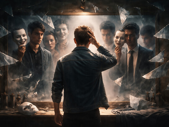 A fractured reflection of self—where identity splits, masks multiply, and the pressure to become someone new never fully lets the old disappear