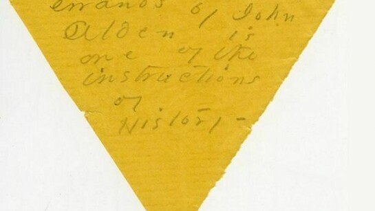 Emily Dickinson, Not to Send Errands by John Alden, c. 1880, Amherst Manuscript #865, Frankling #1518, 1519; Johnson #1498, 1500, 1 sheet, (envelope fragment), pencil on paper, 3 3/10 x 2 4/5 inches (8.5 x 7 cm). Courtesy the Emily Dickinson Collection, Amherst College Archives