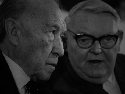 Konrad Adenauer in conversation with Ludwig Erhard