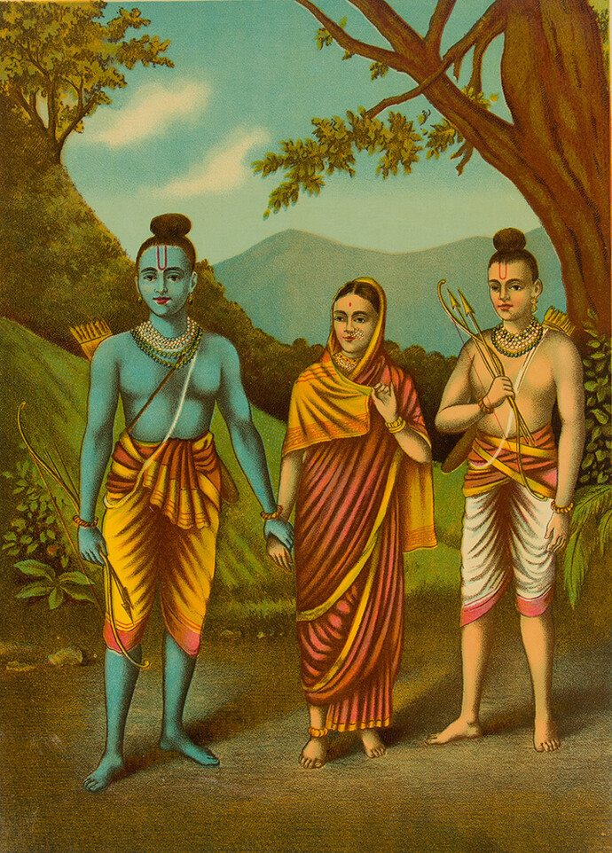 Rama, Sita, Lakshmana
India, ca. 1880–1900 Lithograph with varnish Image: 13 1/2 × 9 3/4 in. (34.3 × 24.8 cm) Sheet: 13 7/8 × 9 7/8 in. (35.2 × 25.1 cm) Purchase, Gift of Mrs. William J. Calhoun, by exchange, 2013
Photo: Courtesy of The Metropolitan Museum of Art