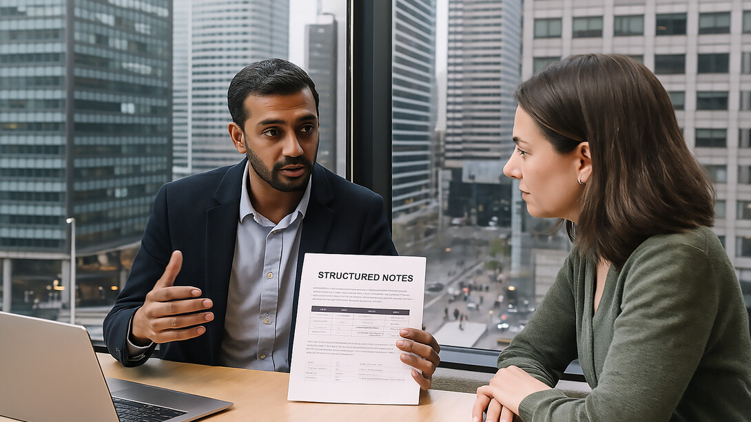 A financial advisor explains structured notes to a client during a meeting in a modern office overlooking the city skyline