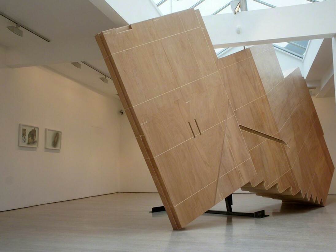 Richard  Wilson , Space Between the Landing and the Gallery, 2017, plywood on wood and metal, 310 x 740 x 101 cm, Photograph: Miayko Narita. © Richard Wilson.  Courtesy Annely Juda Fine Art

