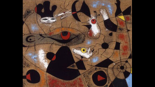 Joan Miró
(Spanish, 1893–1983)
A Drop of Dew Falling from the Wing of a Bird Awakens Rosalie Asleep in the Shade of a Cobweb, 1939
Oil on basketweave fabric, Image: 25 3/4 x 36 1/8 in.; Frame: 39 1/2 x 29 in.
Purchase, Mark Ranney Memorial Fund, 1948.3