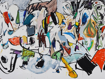 
Eddie Martinez. ,Bombay Bambino 
2015 
Oil, enamel, silkscreen ink and spray paint on canvas 
72 by 108 in. 182.9 by 274.3 cm. 
Courtesy of the artist and Mitchell-Innes & Nash, NY 
