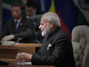 Indian Prime Minister Narendra Modi at a restricted session of the BRICS summit, 26 July 2018