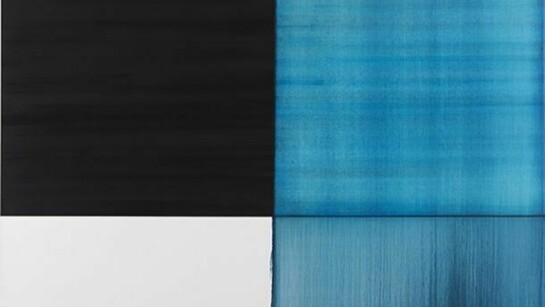 Callum Innes, detail of Exposed Painting Blue Lake, 2013, Oil on linen, 240 x 232 cm, ©H Kosaniuk Courtesy Sean Kelly, New York