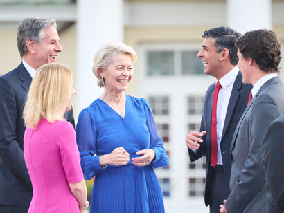 From left to right: Rishi Sunak, the British Prime Minister; Justin Trudeau, the Canadian Prime Minister; Ursula von der Leyen, President of the European Commission, Vilnius, Lithuania