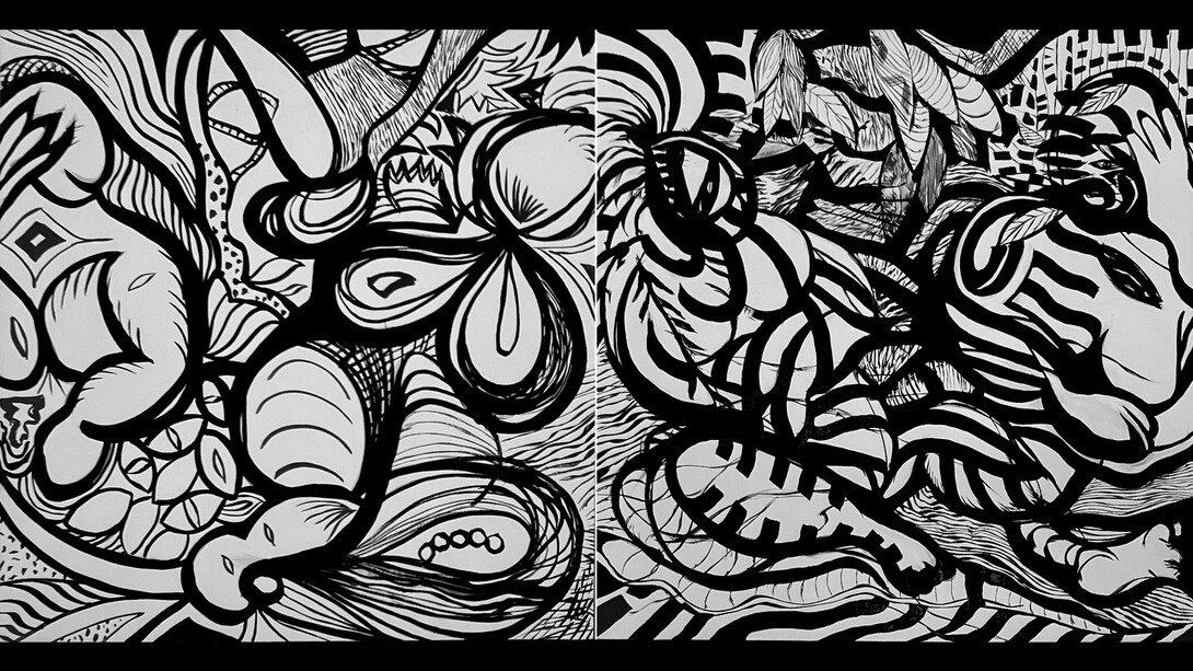 Naomie Kremer, Inklinks I, 2022, acrylic on canvas, 36x72 inches. Courtesy of the artist and Modernism Inc. Gallery