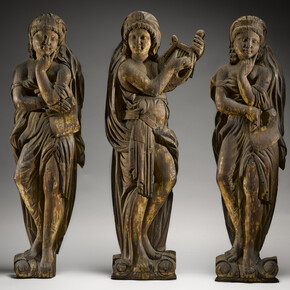 Three Muses from Barnum & Bailey Circus Wagon, New York City, c. 1882–1903, Carved wood, Approx. 50 x 13 x 3" each, American Folk Art Museum, New York Gift of Altria Group, Inc., 2008.9.5–7 Photo by Gavin Ashworth 
