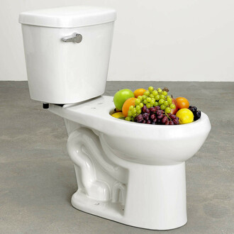 Urs Fischer, TBD toilet,
2015,
porcelain toilet, polystyrene, fruit,
76.8 x 44.5 x 70.5 cm / 30 ¼ x 17 ½ x 27 ¾ in,
edition 1 of 2 + a/p, Copyright the artist, courtesy Sadie Coles, HQ, London