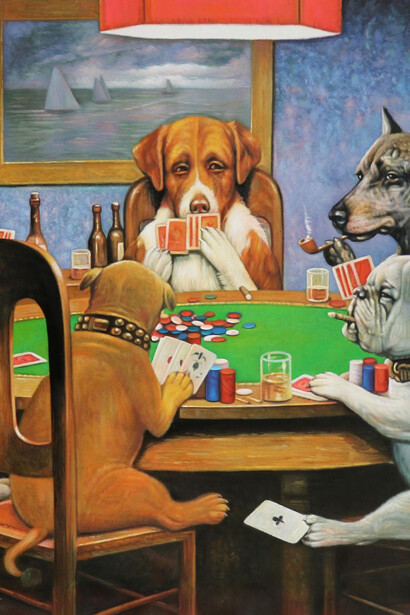 Cassius Marcellus Coolidge, Un amigo en necesidad (detalle) (1903), Serie Perros jugando al póker