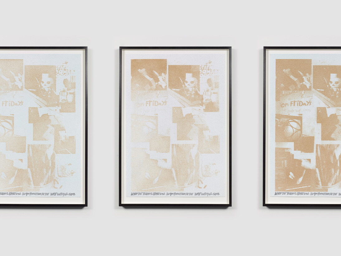 Untitled, 2014, 11 Framed prints Kool-Aid, acrylic, 7.66 oz of walnut shell powder, and ink on paper + Chromogenic print, 32 1/8 x 22 5/8 inches. Courtesy of the artist and Miguel Abreu Gallery, NY