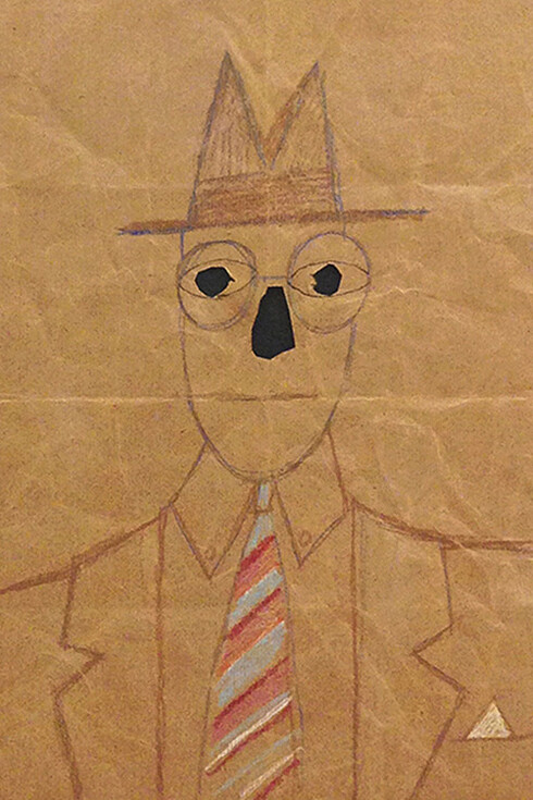 Untitled (Bag Man Mask), 1962, Colored chalk, crayon on paper, 18" x 12" © The Saul Steinberg Foundation/ARS, NY 