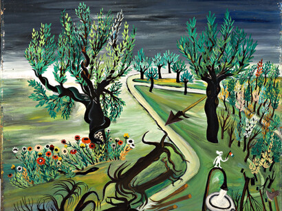 Bruno Rovesti, Paesaggio africano, 1955, olio su faesite, cm 54 x 54. Courtesy of Museo Antonio Ligabue