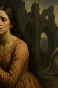 A terrified young woman clings to a pillar amid the ruins of a Gothic castle, while a shadowy figure drags another woman into the darkness, evoking themes of fear, captivity, and female vulnerability