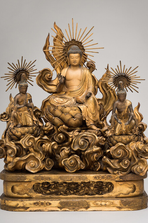 Amida Buddha with Attending Bodhisattvas
Japan, Edo period, late 18th century
Wood with gold, pigment, metal, and headstones, 22 x 18 x 9 in. San Antonio Museum of Art, gift of Lenora and Walter F. Brown,Photography by Peggy Tenison