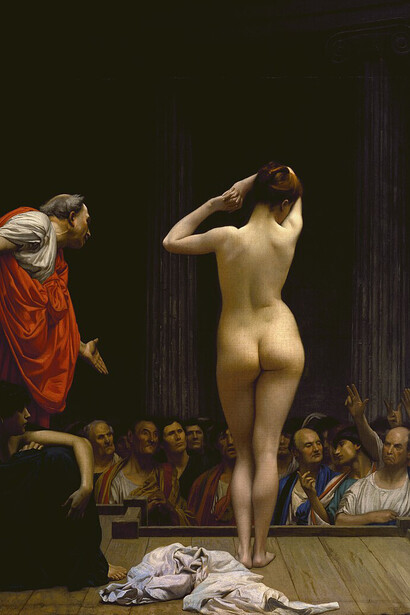 Jean-Léon Gérôme’s A Roman Slave Market is one of six slave-market scenes he painted, set in either ancient Rome or 19th-century Istanbul, using the subject to explore facial expression and sensual for
