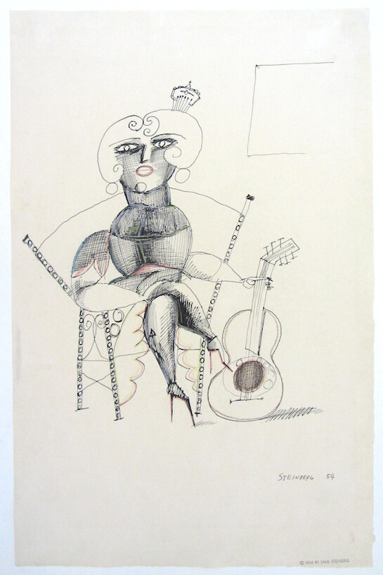 The Guitaress, 1954, Ink and crayon, 20" x 13" © The Saul Steinberg Foundation/ARS, NY