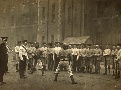 Christina Broom, Bayonet practice for the 1st Irish Guards at Chelsea Barracks, in either 1911 or 1912 © Museum of London