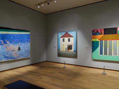 Painting on the left: "Swimmer Underwater", (Paper Pool 16), Colored and pressed paper pulp,1978, photo: ChiChi Ubina