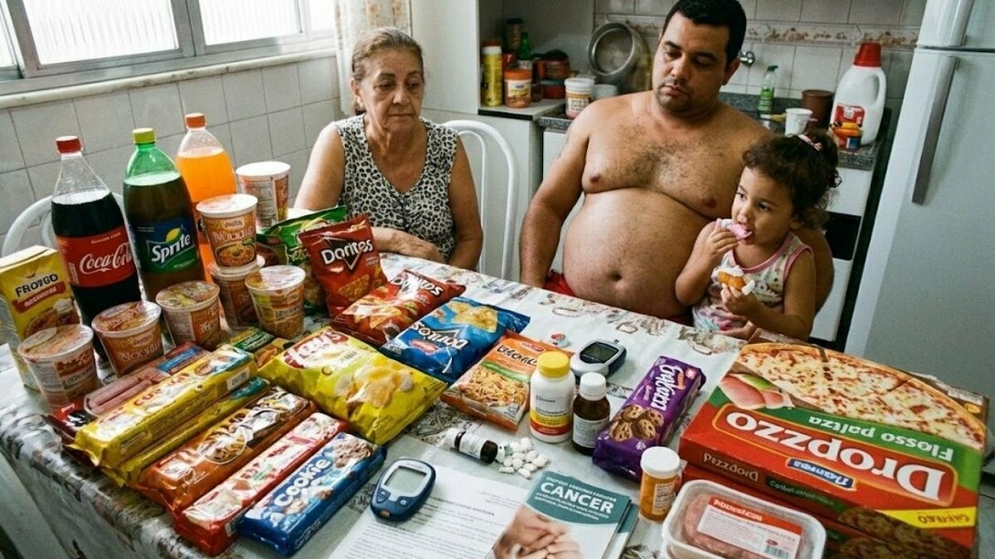 Uma família diante de uma mesa repleta de produtos ultraprocessados, em uma cena que traduz o contraste entre a abundância de alimentos industrializados e o acesso cada vez mais difícil à comida de verdade. Quando os produtos ultraprocessados ocupam a mesa com facilidade, comer comida de verdade pode deixar de ser uma escolha cotidiana e se transformar em privilégio