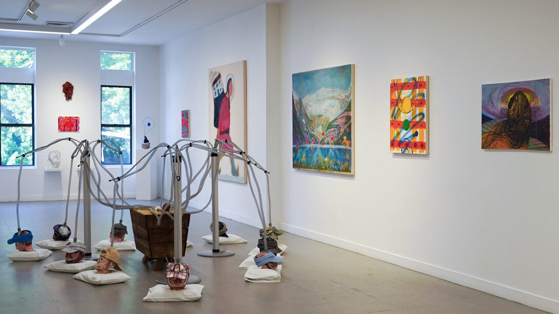 Randi Shandroski, Katherine Bradford, Colin Brant, Rick Briggs, mosie romney, Christmas in July, exhibition view. Courtesy of Andrew Rafacz