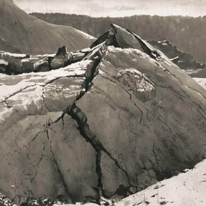 Broken Tumulus, 2016, Ink, carbon and volcanic ash on paper, Paper and image 107.0 x 194.5 cm. © Emma Stibbon, 2017. Courtesy artist and Alan Cristea Gallery, London 