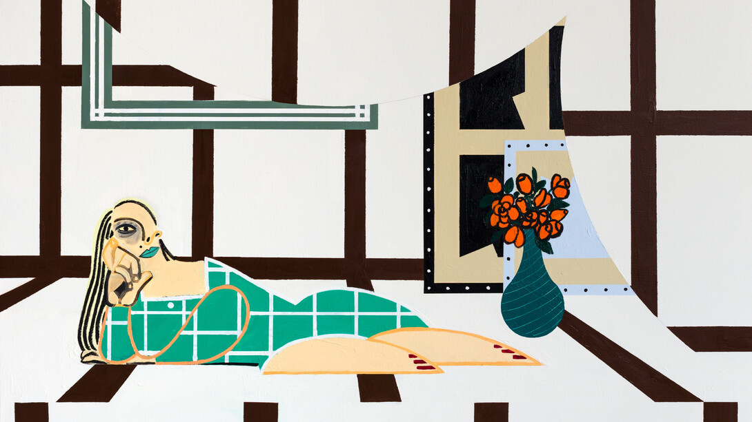Farah Atassi, Reclining Woman with Roses (close-up), 2023. Courtesy the artist and François Ghebaly