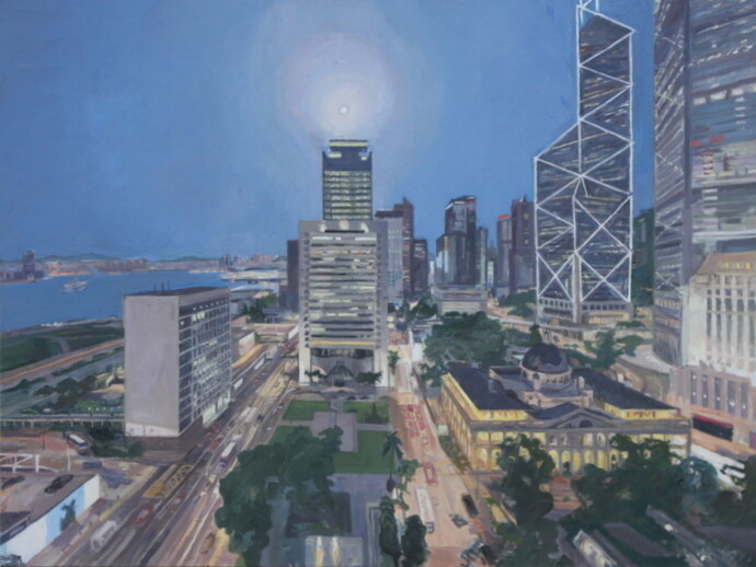 John Wonnacott, The Hong Kong Club from the Mandarin, 2013, Oil on canvas, 36 x 48 in (92 x 122cm)