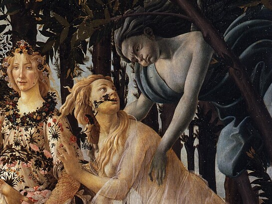 Sandro Botticelli, "Primavera", dettaglio: Flora, la ninfa Clori e Zefiro, 1482, Uffizi, Firenze, Italia