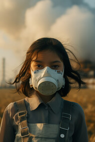 A girl on a field wearing a gas mask, a large cloud of industrial waste behind her
