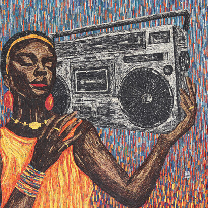 Amadou Opa Bathily, The Frequency of a Loving Heart, 35 x 36 in (89 x 91 cm). Courtesy of Artplex Gallery