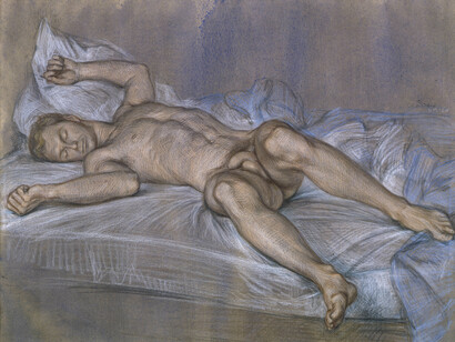 Paul Cadmus, Male Nude NM124, 1965 & 1973.
Crayons on hand-toned paper,
15 1/4 x 20 inches. Courtesy of the artist and DC Moore Gallery