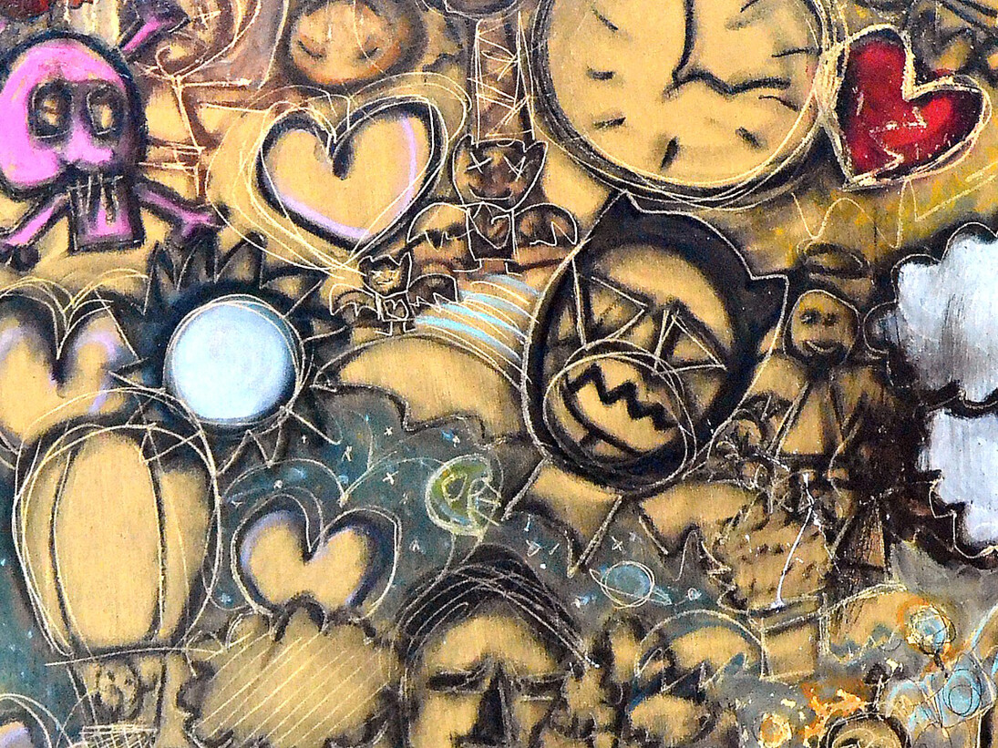 No início era ambidestro, 60X120 cm. Pastel extrafino, grafite, esferográfica, cimento refratário, laca e solução vinílica sobre tela
