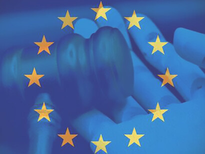 The illustration concept features a robot hand holding a gavel, representing AI law and policy regulation, with elements of artificial intelligence, ethics, and legal frameworks, set against a backdrop of the European flag