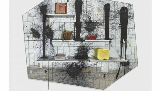 Rashid Johnson, We Wonder, 2013, Mirrored tile, black soap, wax, shea butter, plant, books, vinyl, 248.9 x 307.3 x 30.5 cm / 98 x 121 x 12 in, © Rashid Johnson, Courtesy the artist and Hauser & Wirth, Photo: Martin Parsekian
