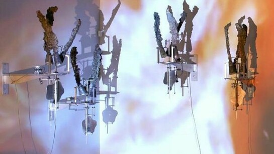 Carolee Schneemann. Flange 6rpm 2011-13, foundry poured aluminum sculptures, motors 6rpm each unit; 7 units, 9 x  20 x 3 feet