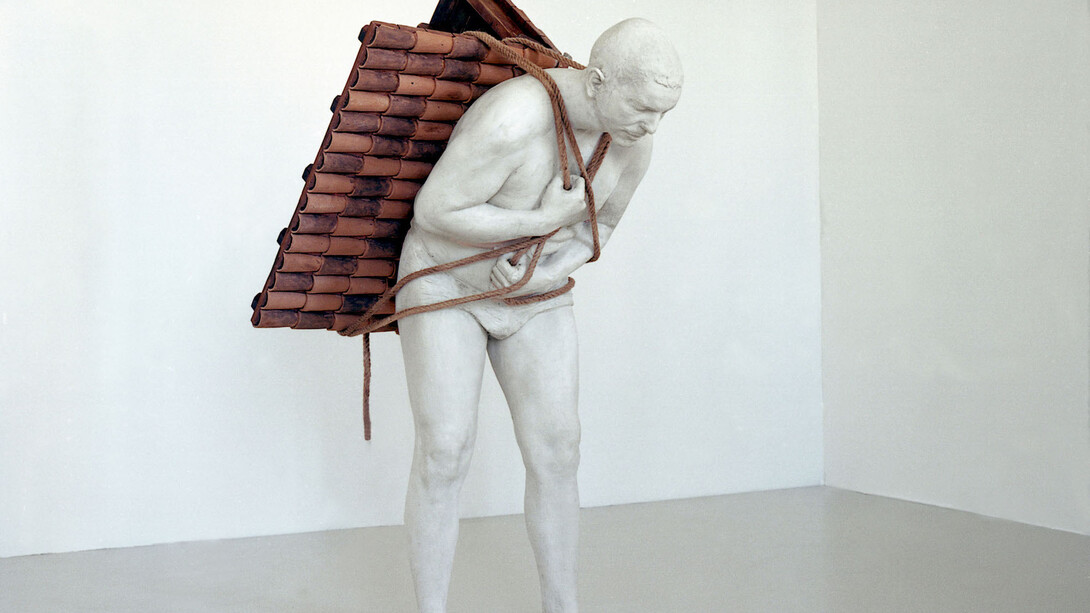Adrian Paci, Home to go, 2001  Plaster, marble, dust, tiles, rope, 165 × 90 × 120 cm Courtesy of the Artist, kaufmann repetto, Milano/New York and Peter Kilchmann gallery, Zurich