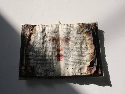 14. Hu Huiming, Untitled, Installation of burned books and oil painting, mixed technique,  2017, variable size