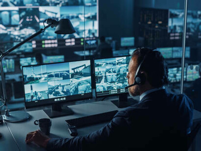 A male officer monitors surveillance footage on a computer screen