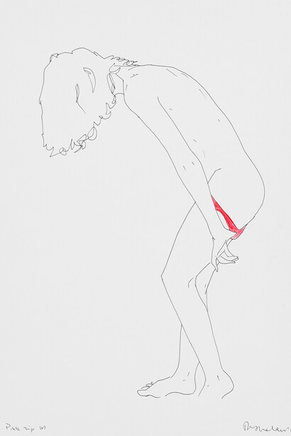 Natasha Law, Pink Zip, 2013, Ink and gloss paint on paper, pentatych, 12 x 8 in / 20 x 31 cm, courtesy of Eleven, London