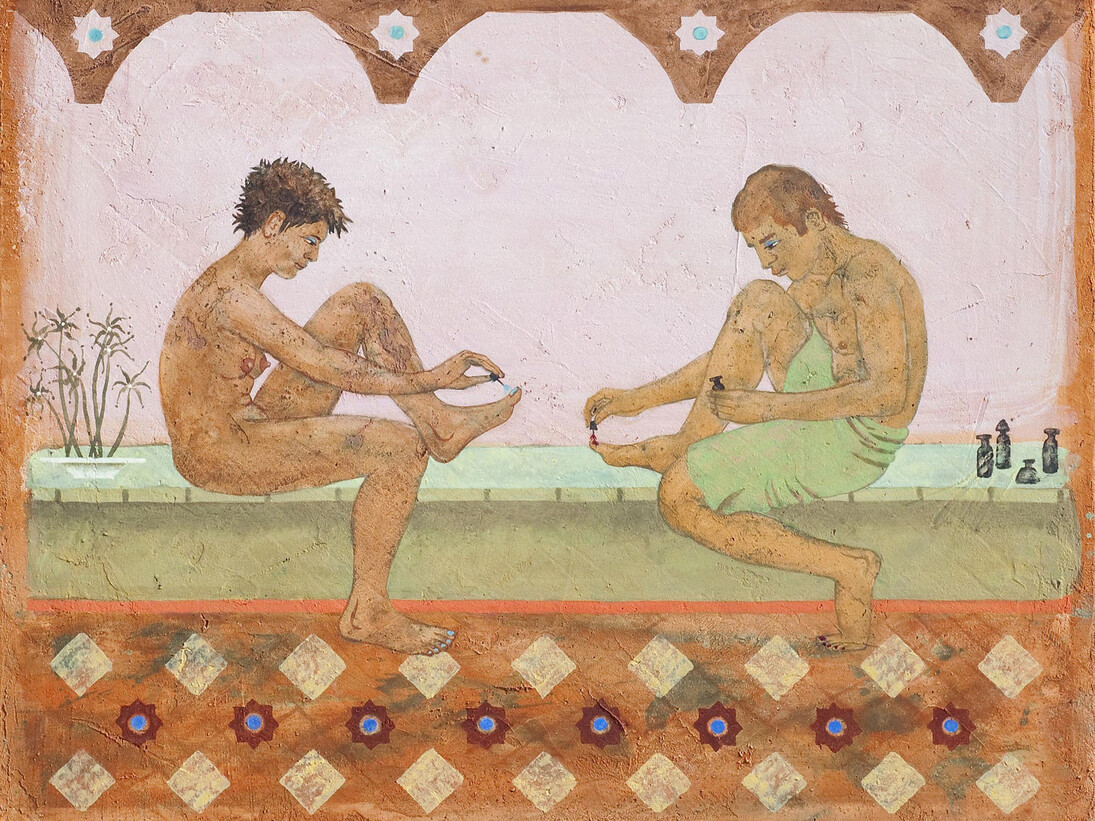 After the Bath, 2012-13 21 x 25 inches, fresco secco on plaster over panel on foam core by Phyllis Palmer