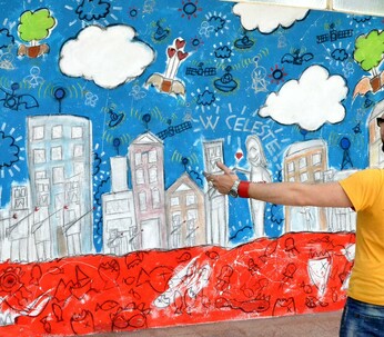 Um dia de abril - 227x443 cm - water-based paint and pen on wall, Coimbra, Portugal