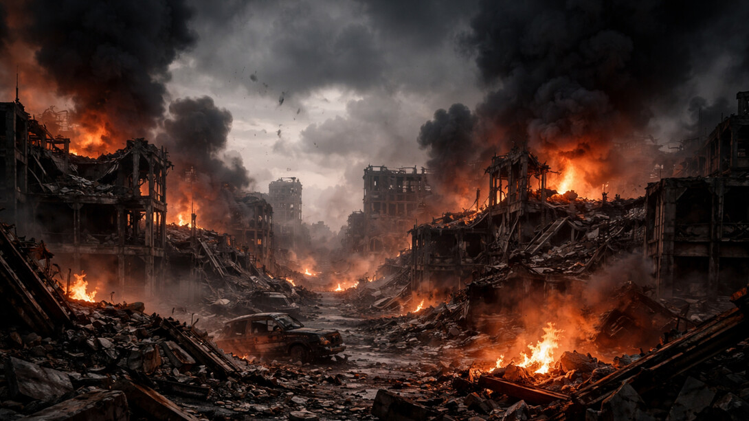 Un paesaggio urbano devastato, consumato dal fuoco e dalla distruzione, evoca il costo in termini di vite umane e le conseguenze di vasta portata della guerra moderna, in cui i conflitti rischiano di degenerare in una devastazione prolungata che va ben oltre il campo di battaglia