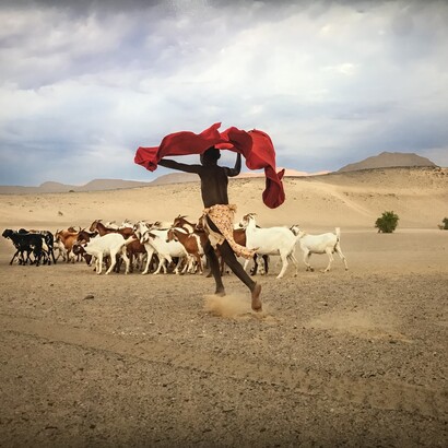 Les bergers Himba emmènent leurs chèvres paître. Namibie 2023. © Steve McCurry. Exposition « Regards » à l’Hôtel Caumont - Centre d’Art à Aix-en-Provence