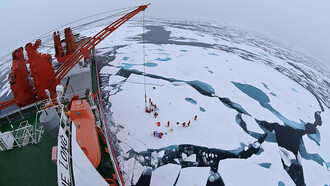 Drift ice camp in the middle of the Arctic Ocean as seen from the deck of icebreaker Xue Long