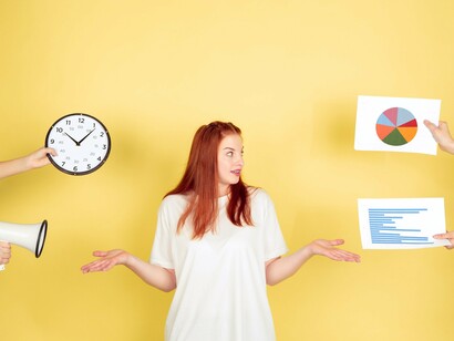 A woman looking lost between multiple hands shoving reminders of responsibility—time ticking, work demands, constant communication, capturing the suffocating nature of a life dictated by utility