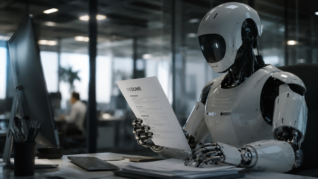 Humanoid robot reviewing job applications in a futuristic office, reflecting the growing role of AI and applicant tracking systems in modern recruitment